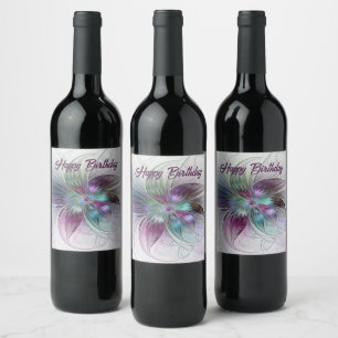 Etiqueta Para Botella De Vino Arte fractal floral abstracto colorido moderno