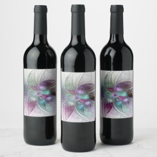 Etiqueta Para Botella De Vino Arte fractal floral moderno abstracto colorido