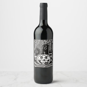 Etiqueta Para Botella De Vino Arte Genial de Halloween de Calabaza Negra y Blanc