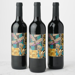 Etiqueta Para Botella De Vino Arte Vibrante Maximalista de Mariposas en Azul Tur