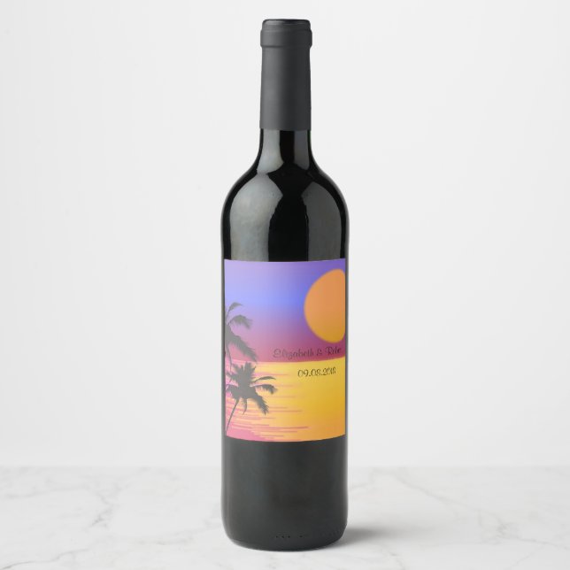 Etiqueta Para Botella De Vino Atardecer de boda de playa (Anverso)