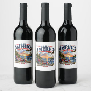 Etiqueta Para Botella De Vino Atardecer patriótico águila lago América