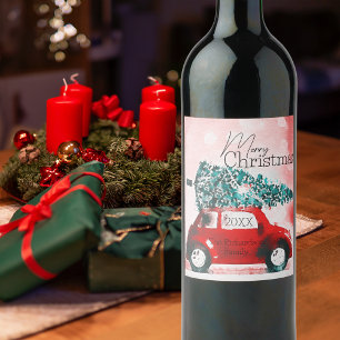 Etiqueta Para Botella De Vino Auto rojo vintage con un árbol de Navidad atado al