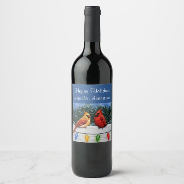 Etiqueta Para Botella De Vino Aves cardenales y luces Navidades (Anverso)