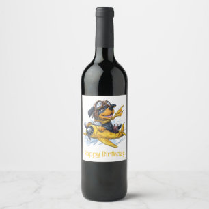 Etiqueta Para Botella De Vino Avión piloto de perros Rottweiler Feliz Cumpleaños