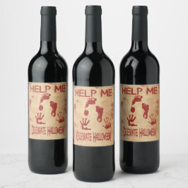 Etiqueta Para Botella De Vino AYÚDAME Huella ensangrentada y huella de mano Hall