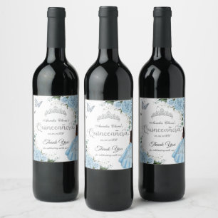Etiqueta Para Botella De Vino Azul cielo Floral Princesa Vestido Plata Quinceañe