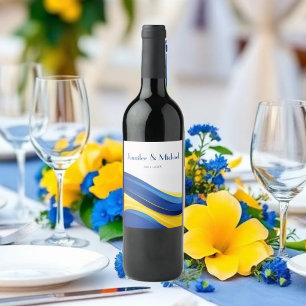 Etiqueta Para Botella De Vino Azul Cobalto y Amarillo Limón Boda Moderna