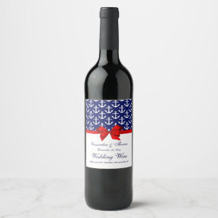 Etiqueta Para Botella De Vino Azul Marino, Anclas Blancas Arco Rojo Fiesta