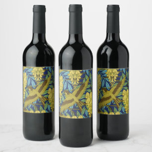 Etiqueta Para Botella De Vino Azul Marino Antiguo Pájaro y Patrón Floral Amarill