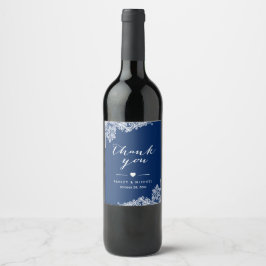 Etiqueta Para Botella De Vino Azul Marino Encaje Blanco Agradecimiento Elegante 