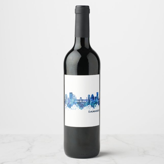 Etiqueta Para Botella De Vino Azul Skyline de Damasco (Anverso)