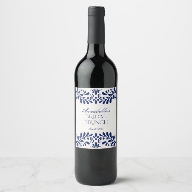 Etiqueta Para Botella De Vino Azulejo de Talavera Azul Desayuno Nupcial de Fiest (Anverso)