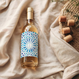 Etiqueta Para Botella De Vino Azulejo Monograma Azul Mediterráneo Boda