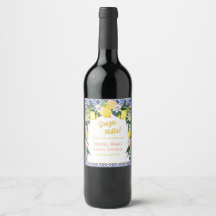 Etiqueta Para Botella De Vino Azulejos azules de limón italiano Grazie Mille Bri