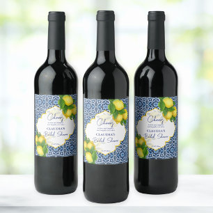 Etiqueta Para Botella De Vino Azulejos azules limón Amalfi ducha de novia fiesta