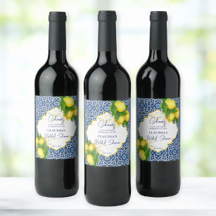 Etiqueta Para Botella De Vino Azulejos azules limón Amalfi ducha de novia fiesta
