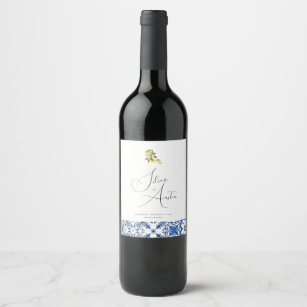 Etiqueta Para Botella De Vino Azulejos mediterráneos azules y cítricos