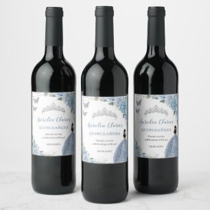 Etiqueta Para Botella De Vino Baby Blue Floral Princess Quinceañera Cumpleaños 