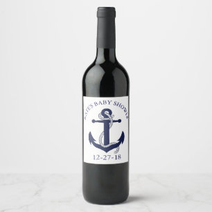 Etiqueta Para Botella De Vino Baby Shower de la Marina Náutica y el Ancla Blanco
