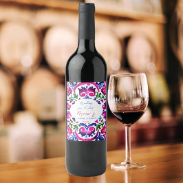 Etiqueta Para Botella De Vino Baldosas mexicanas de color azul rosado, vítores d