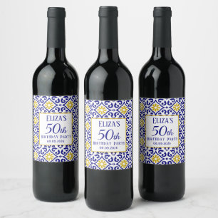 Etiqueta Para Botella De Vino Baldosas portuguesas Azul 50 aniversario Mediterrá