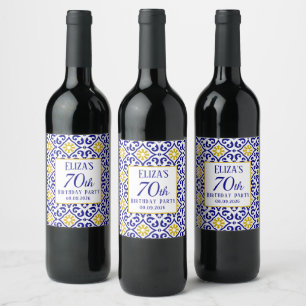 Etiqueta Para Botella De Vino Baldosas portuguesas Azul 70 cumpleaños Mediterrán