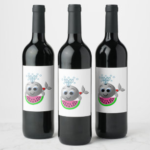 Etiqueta Para Botella De Vino Ballena y Sandía Adorables