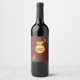 Etiqueta Para Botella De Vino Balón navidad, pájaro, conos de pino en negro y ro