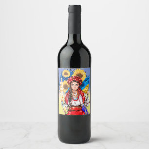 Etiqueta Para Botella De Vino Bandera de Ucrania y mujer apoyan etiqueta de rega