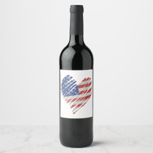 Etiqueta Para Botella De Vino Bandera estadounidense Corazón azul blanco rojo 4 