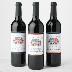 Etiqueta Para Botella De Vino Bandera floral acuarela 4 de julio USA patriótica