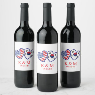 Etiqueta Para Botella De Vino Banderas del Corazón Coreano Americano