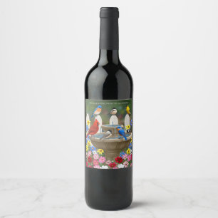 Etiqueta Para Botella De Vino Bañera de pájaro de un jardín de primavera colorid