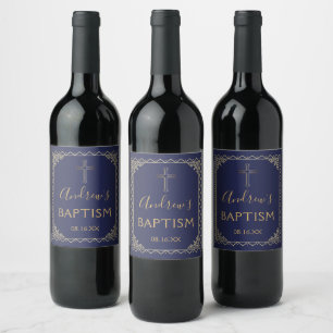 Etiqueta Para Botella De Vino Baptismo De La Caligrafía Vintage De Oro Y Marina