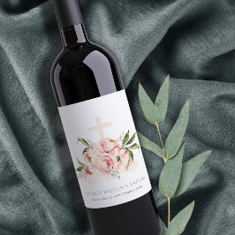 Etiqueta Para Botella De Vino Baptismo de la cruz floral del Rosa pastel suave