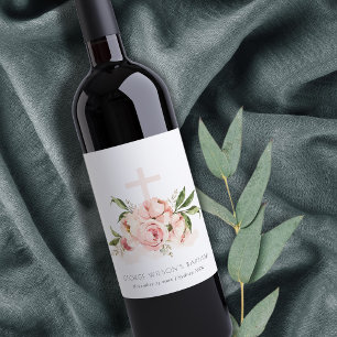 Etiqueta Para Botella De Vino Baptismo de la cruz floral del Rosa pastel suave