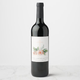 Etiqueta Para Botella De Vino Baptismo de la cruz floral del Rosa pastel suave