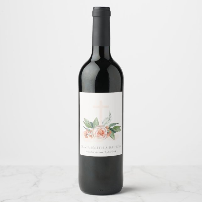 Etiqueta Para Botella De Vino Baptismo de la cruz floral del Rosa pastel suave (Anverso)