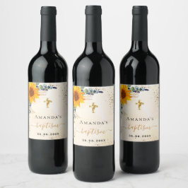 Etiqueta Para Botella De Vino Baptismo girasoles eucalipto purpurina de vegetaci