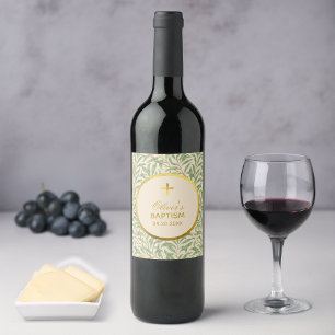 Etiqueta Para Botella De Vino Baptismo Hojas Verdes Falso Oro Rama de Sauce Morr