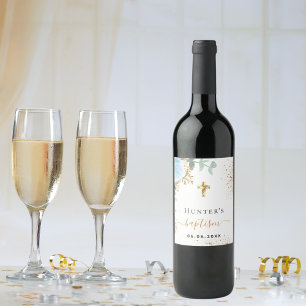 Etiqueta Para Botella De Vino Baptismo luz azul floral niño nombre cruz de oro