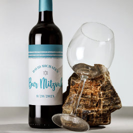 Etiqueta Para Botella De Vino Bar Mitzvah Moderno Talit Teal Plateado Escritura