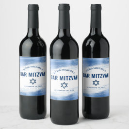 Etiqueta Para Botella De Vino Bar Mitzvah Navy Typography Blue Relieve metalizad