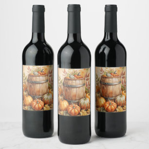 Etiqueta Para Botella De Vino Barril con Calabazas Otoño