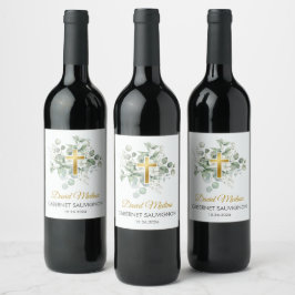 Etiqueta Para Botella De Vino Bautismo católico acuarela verde deja religión