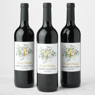 Etiqueta Para Botella De Vino Bautismo católico acuarela verde deja religión