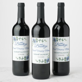Etiqueta Para Botella De Vino Bautismo católico Bautizo Green deja flores azules
