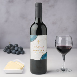 Etiqueta Para Botella De Vino Bautismo de Niño Geoda Azul Cruz Dorada Mármol Bla