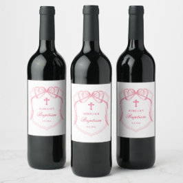 Etiqueta Para Botella De Vino Bautismo Escudo de Bow Rosado